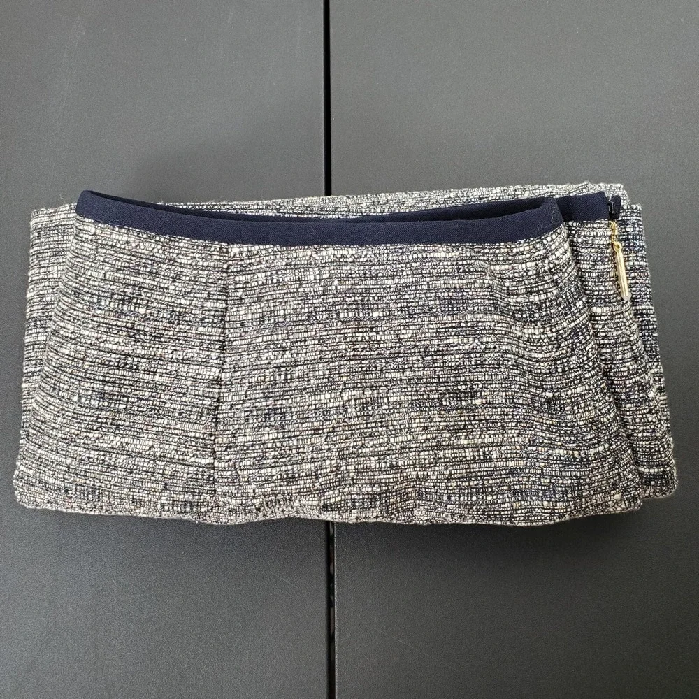 TORY BURCH Faux‎ Wrap Skirt SZ 14 Jacquard Tan Blue Metallic Thread Zip Office